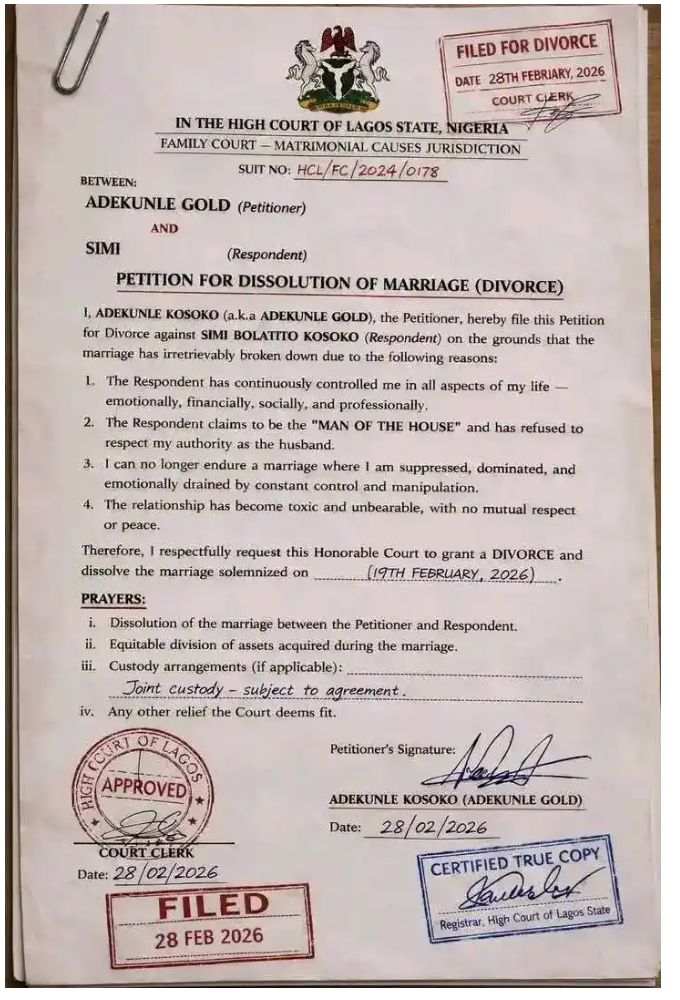 Simi And Adekunle Gold Fake Divorce Paper Rumour Out
